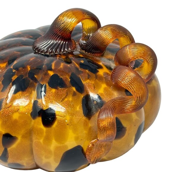 Art Glass Pumpkin Amber Orange Leopard Spot Ribbon Stem Shimmer 7 Inch - Picture 3 of 9